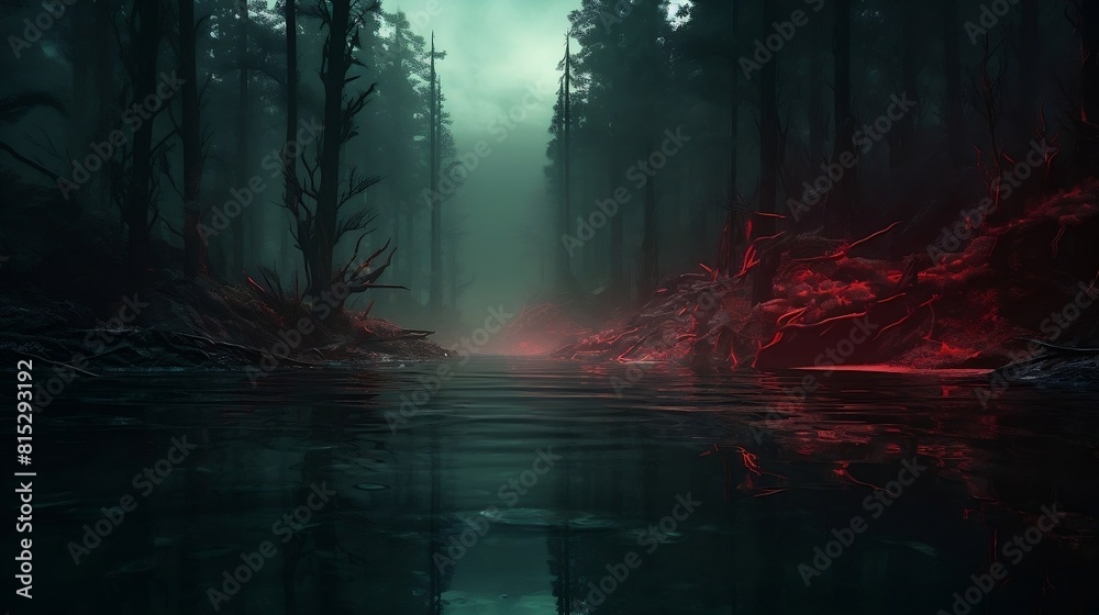 Fototapeta premium misty dark forest at dusk