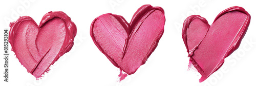 Pink lipstick shimmering texture in heart shape, texture stroke isolated on white background. Cosmetic product smear smudge swatch