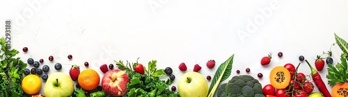 Fruit and vegetable banner with space for text on a white background, a top view of a healthy food concept. Fruits, vegetables, and fruits in a flat lay composition. A sunlit, natural organic concept.