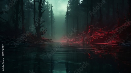 misty dark forest at dusk