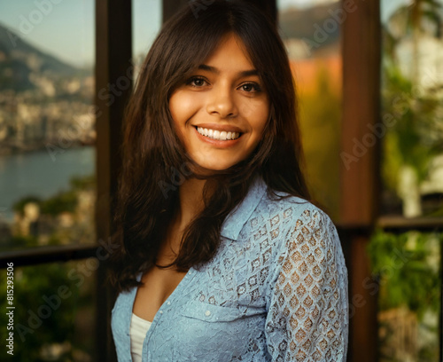 Joyful smile of an adult woman, age 30, brunette, Latina Brazilian or Spanish fictitious, standing on a balcony above a tropical city by the sea or lake or river