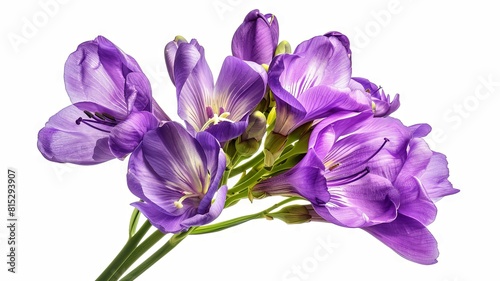 Vibrant purple freesia flowers isolated - A bunch of beautiful purple freesia flowers stands out crisply against a pure white background  denoting freshness