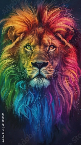 Male lion with rainbow-coloured hair