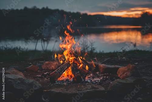 Fototapeta Naklejka Na Ścianę i Meble -  A fire is burning in a pile of wood next to lake