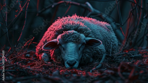 Sheep with vibrant red-blue hues in nature - A vividly color-graded image of a sheep amongst the branches, evoking a surreal atmosphere photo