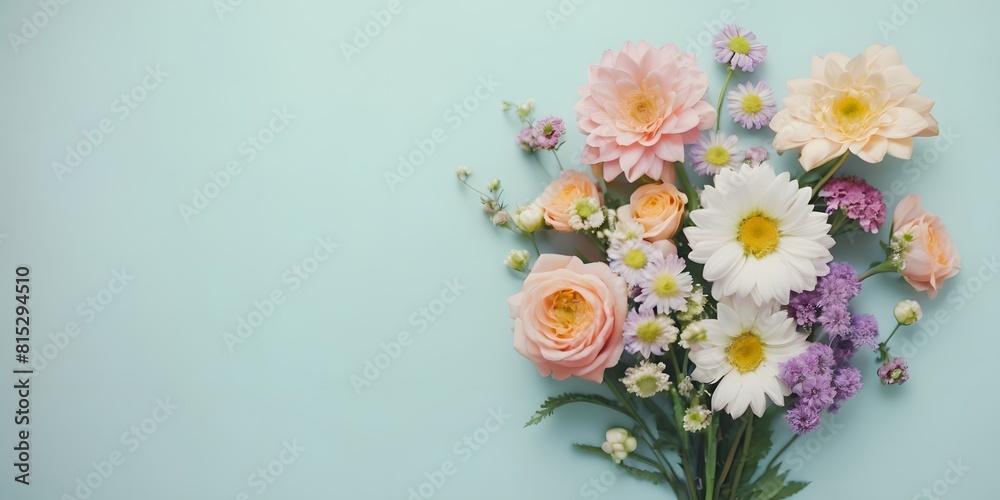 Creative layout made of various flowers. Flat lay delicate colors bouquet Creative layout made of various flowers. Flat lay delicate colors bouquet