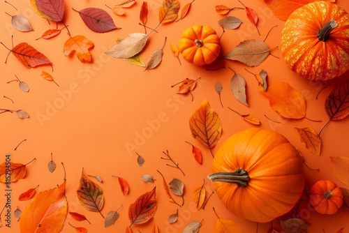 Pumpkins and autumn maple leaves on an orange background. Autumn vegetables. Halloween concept. Copy space.