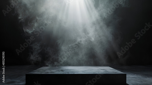 platform abstract stage texture fog spotlight. Dark black floor podium dramatic empty night room table concrete wall scene place display studio smoky dust photo