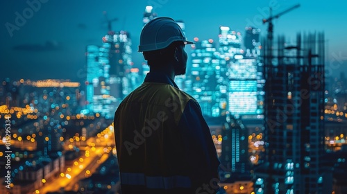 The Engineer wearing safety suit in the office looking out to the town at night time.
