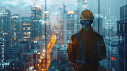 The Engineer wearing safety suit in the office looking out to the town at night time.