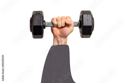 A mans hand holding a heavy dumbbell gym weight. trendy collage design style
