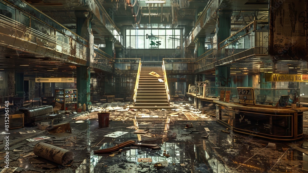 Post-apocalyptic abandoned mall scenario - An atmospheric depiction of an abandoned mall scene with sunlight illuminating decayed interiors