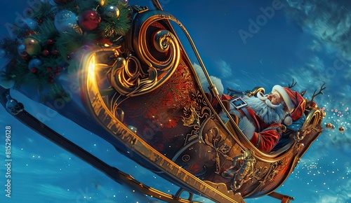 Santa Claus on his red sled is about to travel around the world to deliver his toys to children