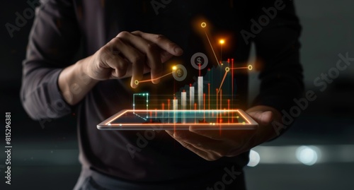 A man holding an iPad with holographic graphs and charts showing rising stock market data, representing growth in the financial industry.  © SH Design