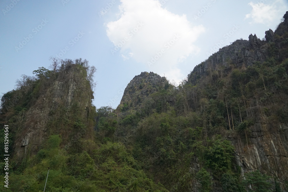 The mountain range is covered in lush green trees The mountain range is covered in lush green trees