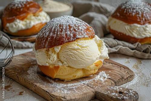 Delicious cream-filled brioche on wooden board - Freshly baked brioche bun filled with creamy vanilla ice cream and dusted with powdered sugar on a rustic wooden cutting board
