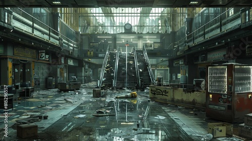Abandoned shopping mall interior decay - Highly detailed image of a decrepit and abandoned shopping mall interior with natural decay