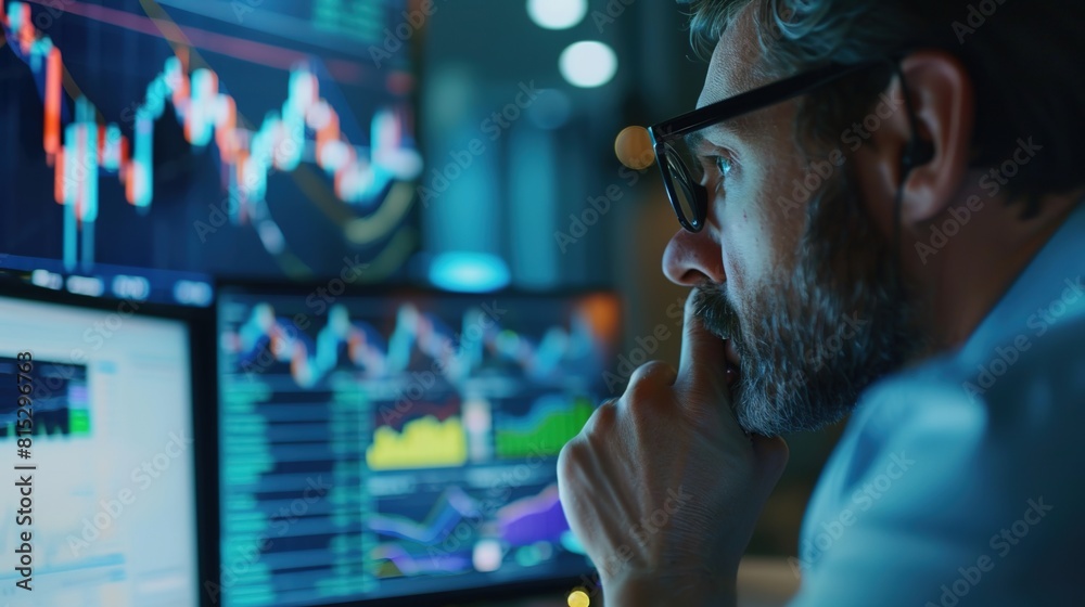 Financial analyst analyzing stock market trends and economic data on a computer screen, making informed investment decisions for clients Financial analyst analyzing stock market trends and economic data on a computer screen, making informed investment decisions for clients