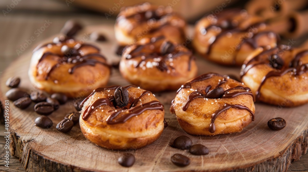 Delicious mini donuts drizzled with coffee flavored candies showcased on a rustic wooden backdrop Perfect for a party spread with room for personalized messages