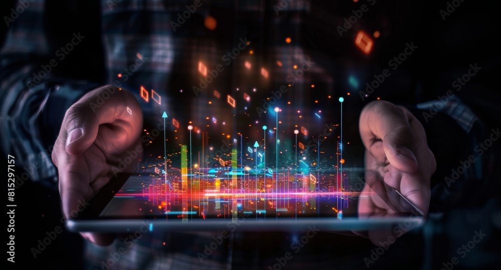 A man holding an iPad with holographic graphs and charts showing rising stock market data, representing growth in the financial industry. A man holding an iPad with holographic graphs and charts showing rising stock market data, representing growth in the financial industry.