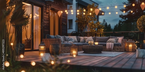Photo of a cozy terrace with outdoor furniture and string lights, creating an inviting atmosphere for social gatherings at night. ,