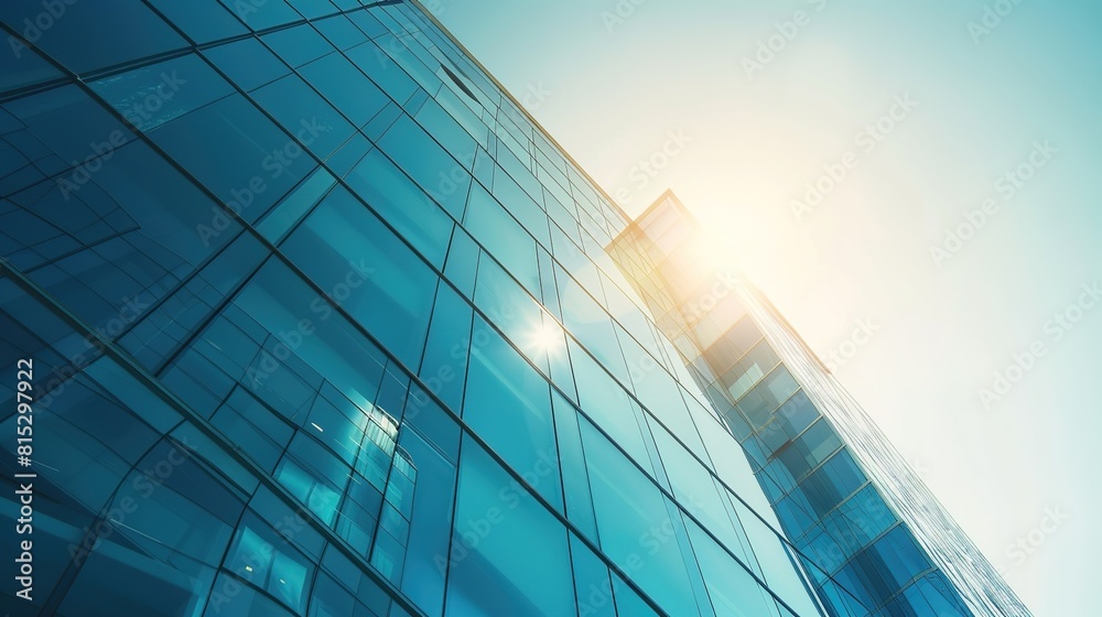 Glass-fronted office building gleaming in the sunlight, symbolizing corporate prestige and professionalism