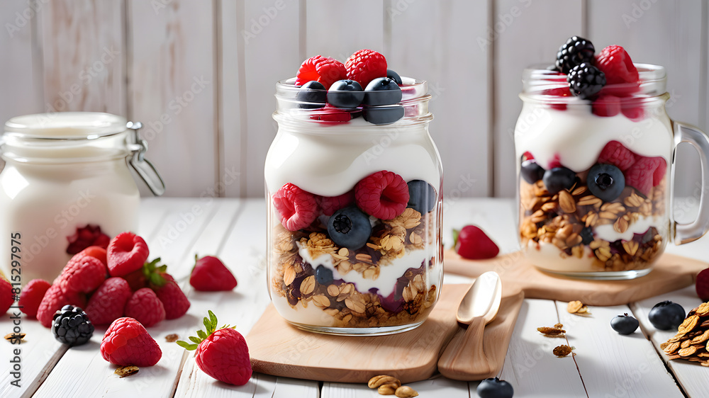 jars with tasty parfaits made of granola, berries and yogurt on white wooden table. Shot at angle jars with tasty parfaits made of granola, berries and yogurt on white wooden table. Shot at angle