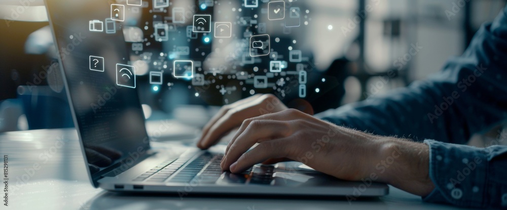 Close up of a young man typing on a laptop, against a white background with digital marketing icons and a search bar floating above his hand. Close up of a young man typing on a laptop, against a white background with digital marketing icons and a search bar floating above his hand.