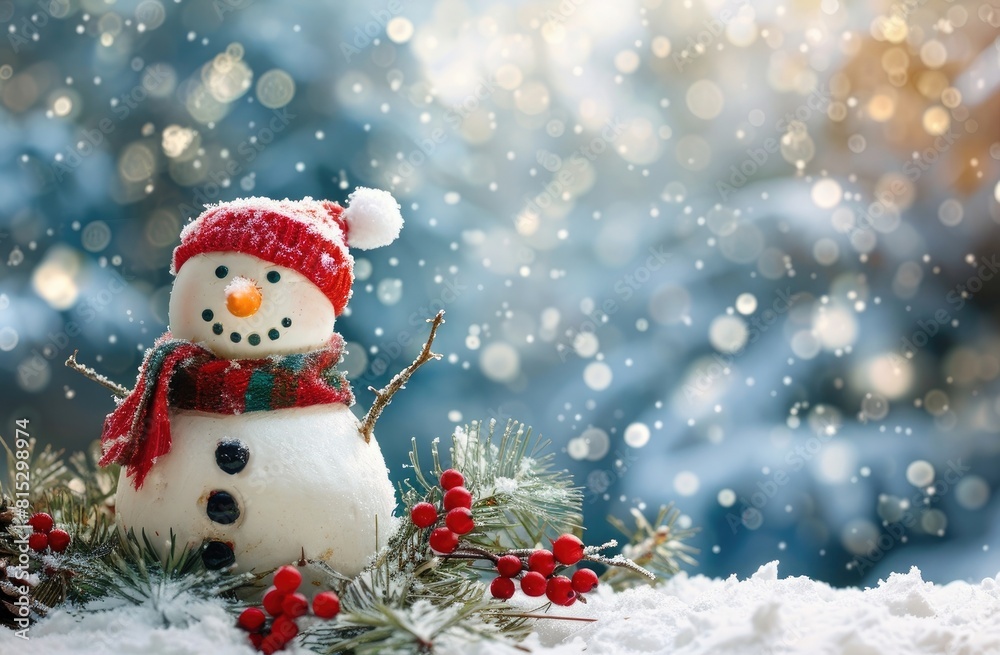 Photo of happy snowman in winter landscape with space for copy,