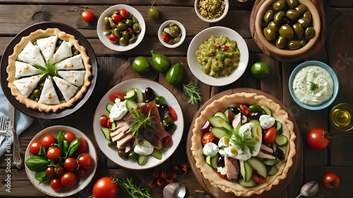 Selection of traditional greek food - salad, meze, pie, fish, tzatziki, dolma on wood background, top view