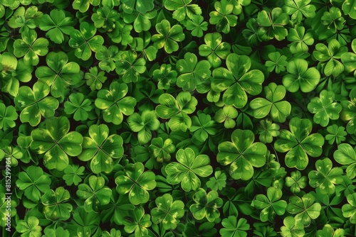 Large green field of clover in the forest. St. Patrick's Day concept