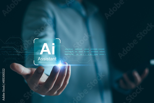 Chat robot ai assistant concept. Business man show smart ai chatbot. Modern technology ai or artificial intelligence service business analysis. Futuristic technology transformation.