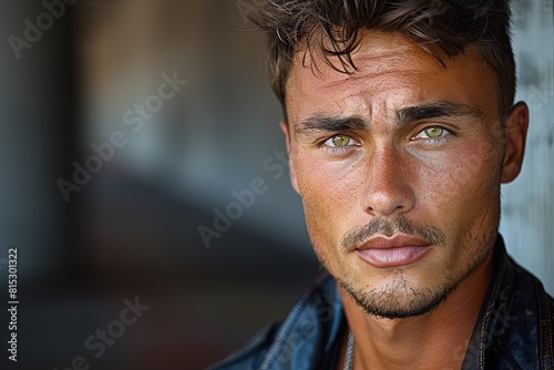 Hazel-Eyed Russian Man: Dramatic Pose on Concrete Wearing Leather Jacket photo