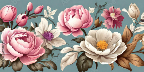 Flower and plant. Floral classic seamless print in shabby chic style. Flowers vector illustration: peony, rose, aster, leaves and plants for background, pattern and wallpaper Generative AI Techonology