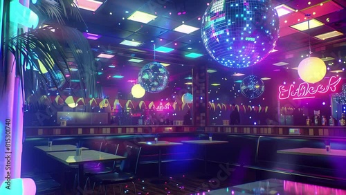 Mirror Ball Disco Lights Club Dance Party Glitter. Empty Nightclub Dance Floor, stage and flashing blue and red lights, music concert concept. 4K