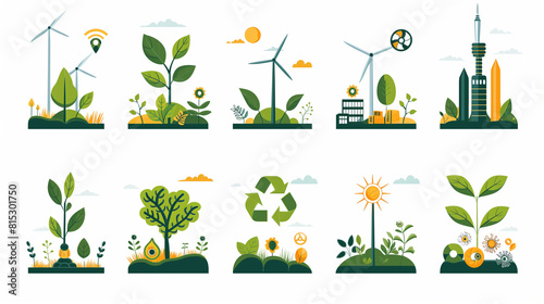 Circular economy illustration set. Sustainable economic growth with renewable energy and natural resources. Green energy  sustainable industry and manufacturing concept. Vector illustration.