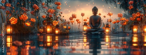 A serene scene of a Buddha statue sitting in a pond surrounded by candles