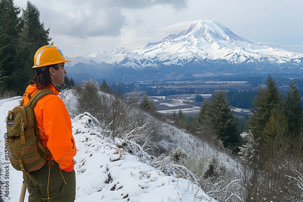 Man in Hard Hat on Snowy Trail With Mt Hood in Background