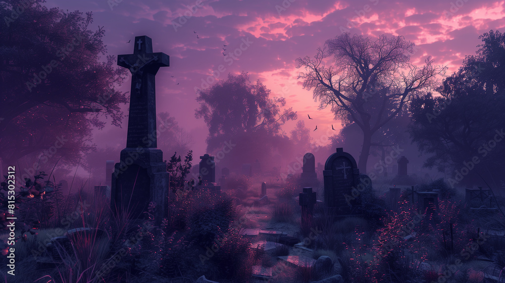 An ethereal view of a cemetery at twilight, enveloped in purple and pink hues, creating a serene yet mysterious atmosphere. An ethereal view of a cemetery at twilight, enveloped in purple and pink hues, creating a serene yet mysterious atmosphere.