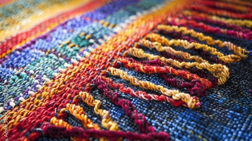 Close-up of colorful  textured woven fabric with vibrant patterns and braided threads