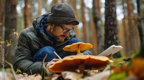 Mycologist studying fungal diversity in forest ecosystems, exploring the kingdom Fungi.