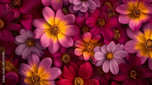 pink and yellow centers  encircled by purple and yellow petals against a deep red backdrop