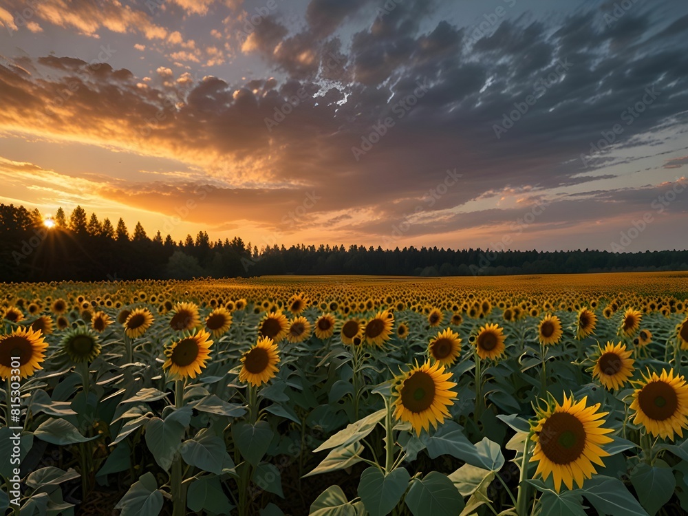 Fototapeta premium sunflower garden and sunset over the field