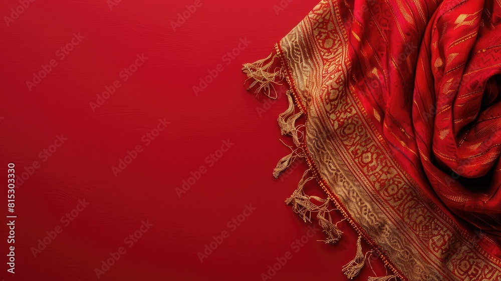 Elegant red and gold fabric with intricate patterns fringes Elegant red and gold fabric with intricate patterns fringes