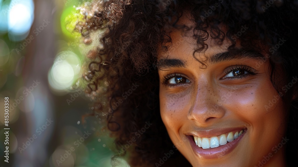 Natural curls framing a smiling face, embracing the beauty of textured hair. Natural curls framing a smiling face, embracing the beauty of textured hair.