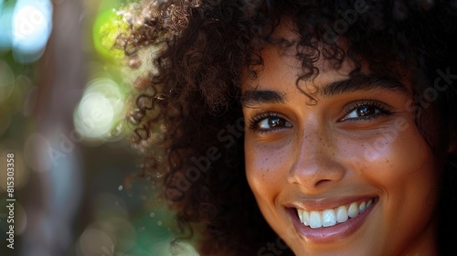 Natural curls framing a smiling face, embracing the beauty of textured hair. 