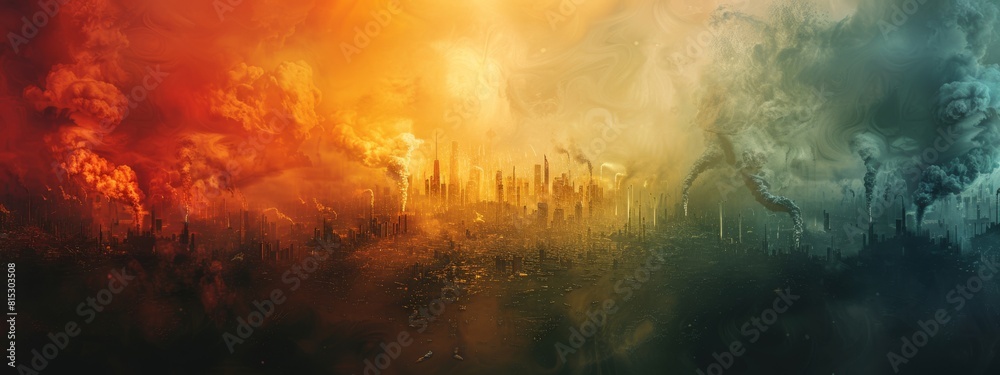 A colorful, fiery, and smoky cityscape with a large