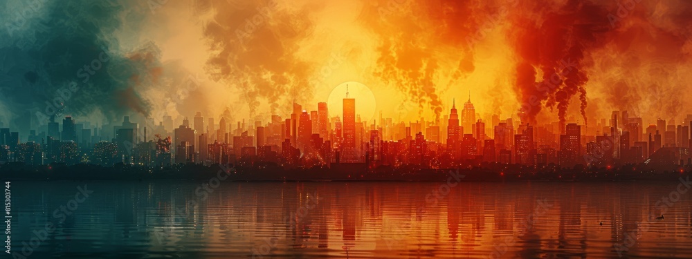 Fototapeta premium The sky is filled with smoke and the city is covered in ash