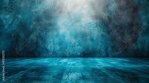 Glowing blue grunge wall on reflect metallic floor