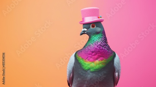 A pigeon wearing a pink top hat with a rainbow feather. The pigeon is looking at the camera with a serious expression. photo